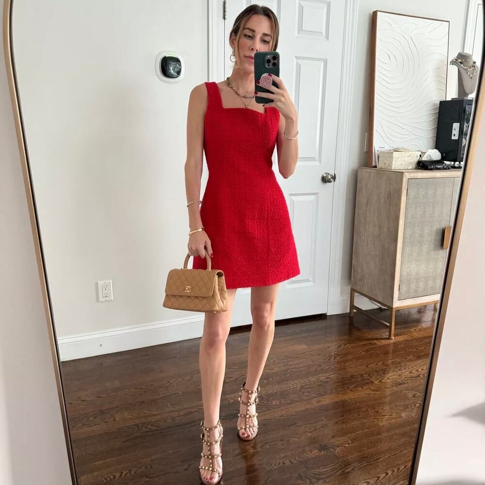 MAJE Ribala Tweed Square Neck Mini Dress in Red Size Large - Picture 3 of 8